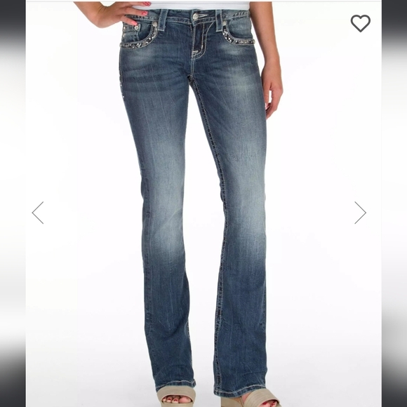 Miss Me Denim - Miss Me Boot Cut Rhinestone Embroidered Low Rise Distressed Jeans - Size 26